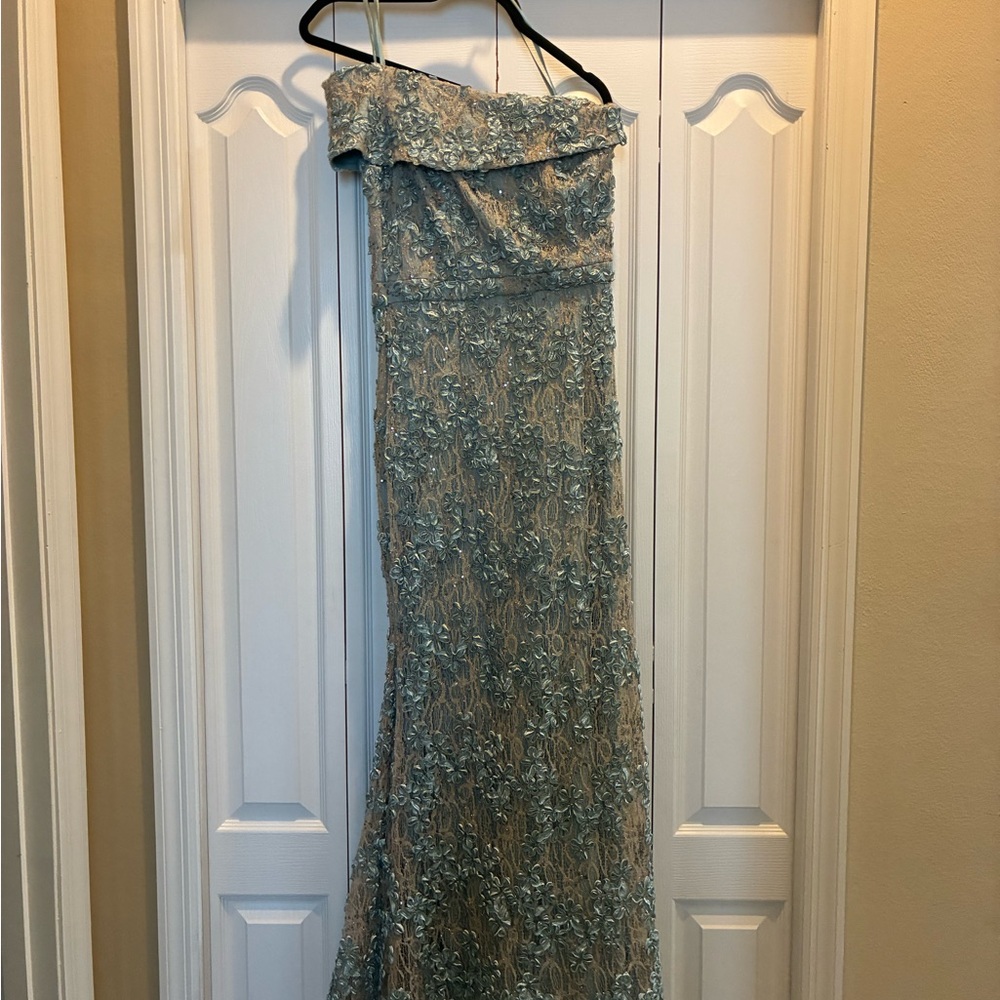 Xscape Strapless Dress with Sage/ Champagne Lace Overlay